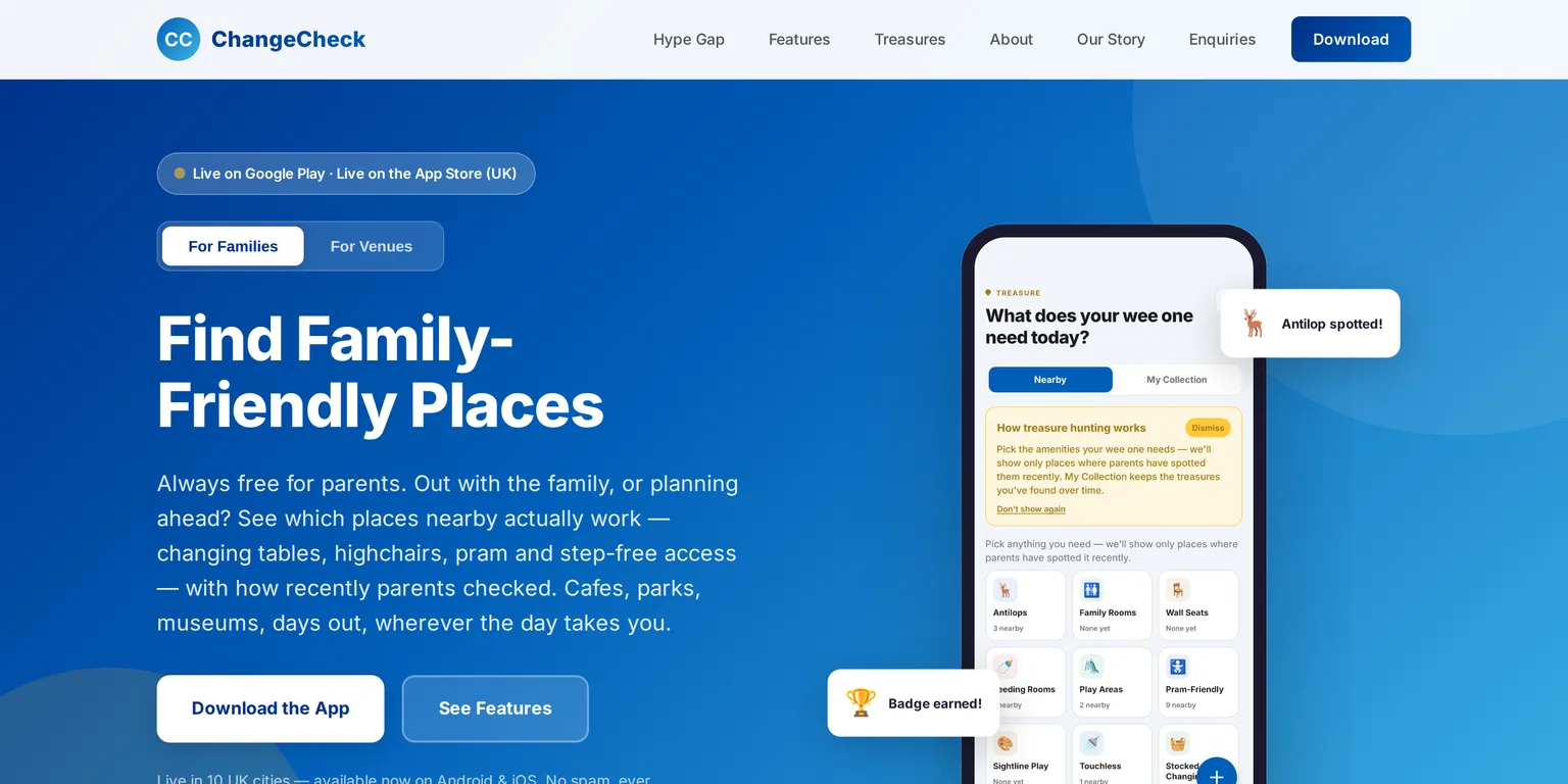 ChangeCheck app shown on its live landing page, with the app in a phone mockup