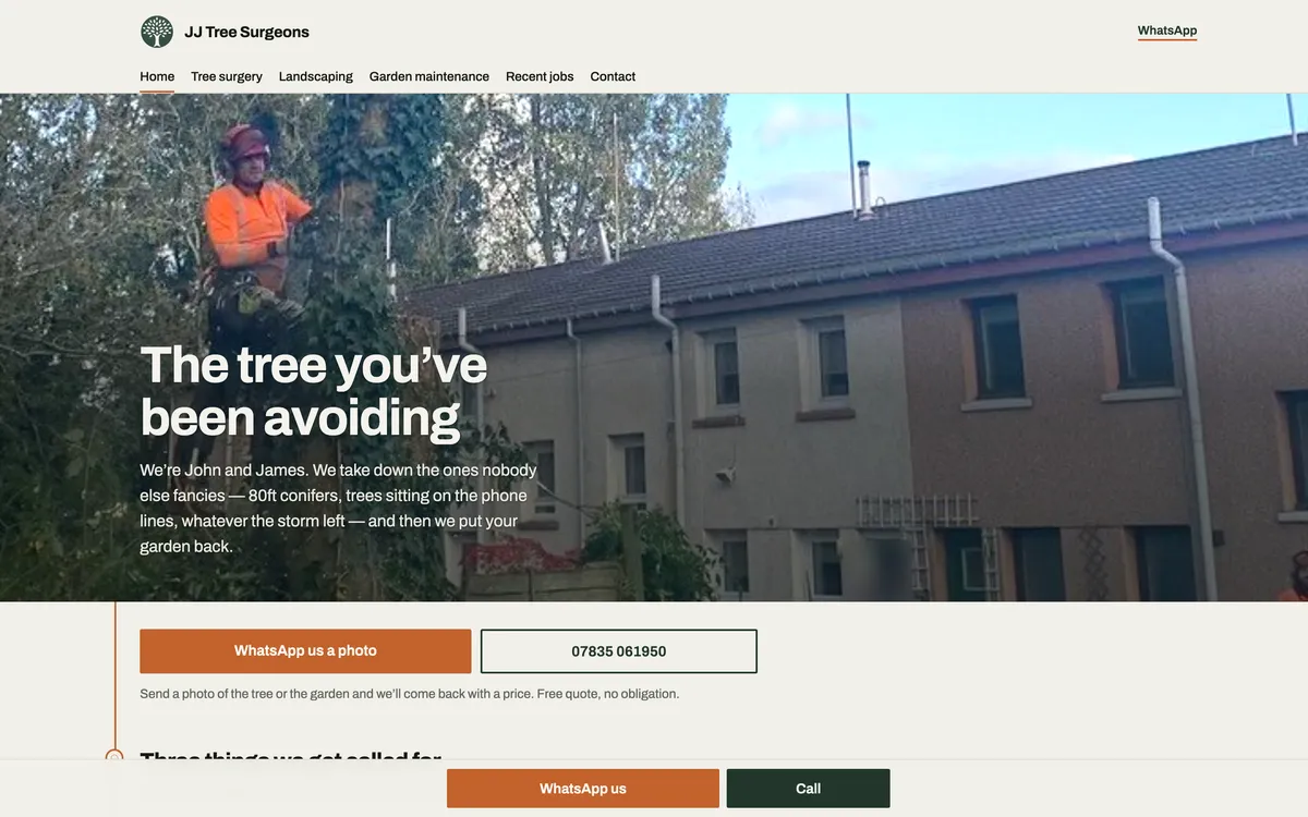 The new JJ Tree Surgeons website — a full-width photograph of one of his own jobs, a climber roped into an ivy-covered tree above a row of houses, the headline 'The tree you've been avoiding', and a WhatsApp-a-photo quote button.