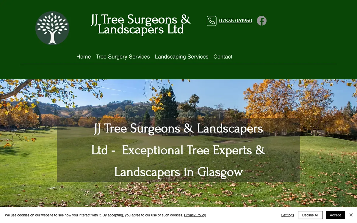 The previous JJ Tree Surgeons website — a dark green header with the company name and phone number, a stock photograph of an autumn park behind a headline that repeats the company name, and a cookie notice across the foot of the screen. No pictures of any actual job.