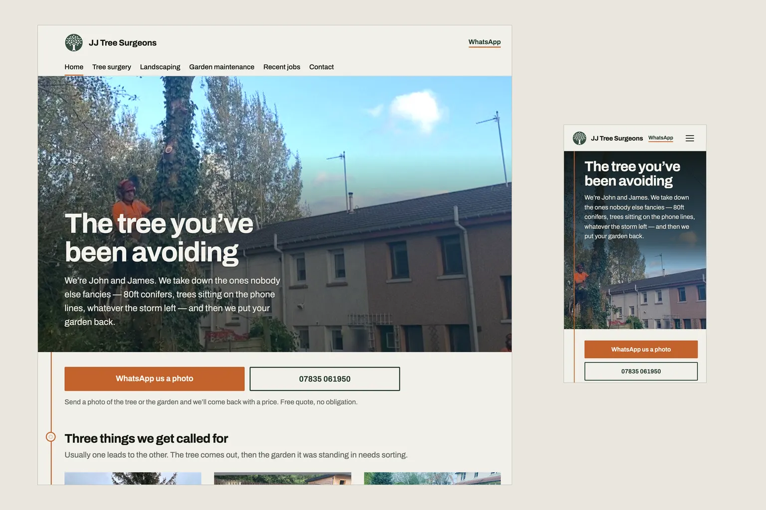 JJ Tree Surgeons site homepage shown on desktop and mobile
