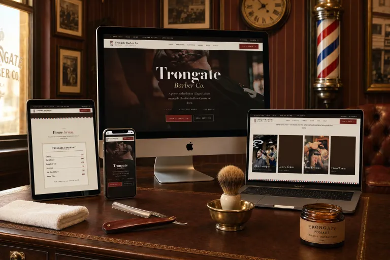 Trongate Barber Co. concept site shown across phone, tablet and desktop
