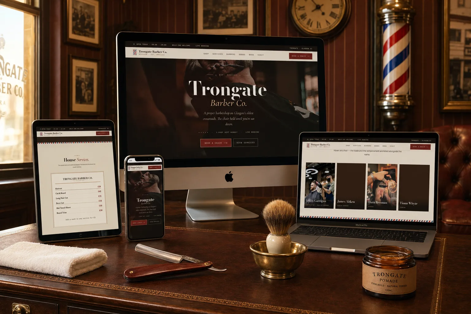 Trongate Barber Co. site shown across phone, tablet, and desktop