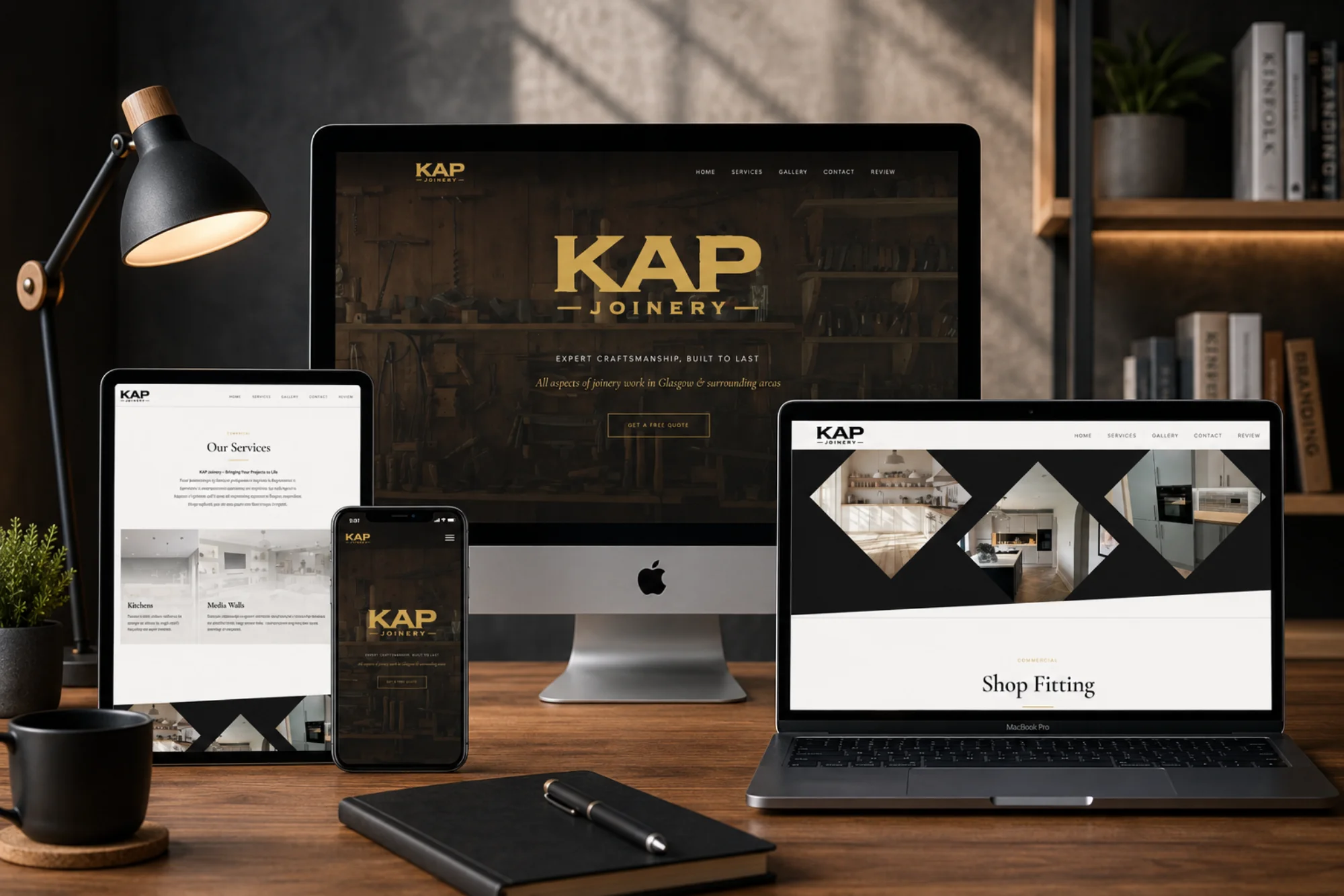 KAP Joinery site shown across phone, tablet, and desktop