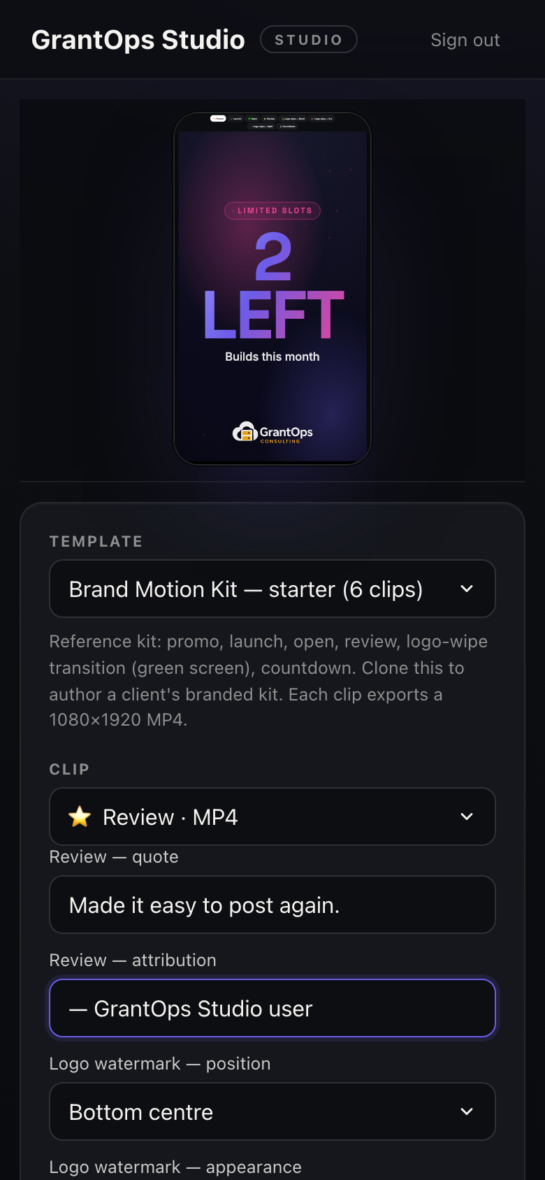 GrantOps Studio mobile editor showing the clip preview, template picker and editable review fields